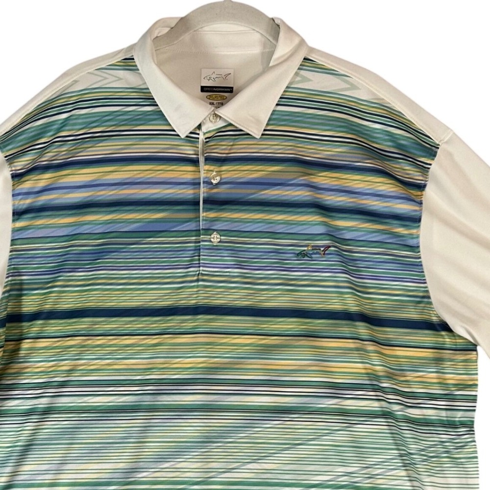 Greg Norman Polo Shirt Play Dry Mens XXL White Multi Stripe Polyester‎ Golf